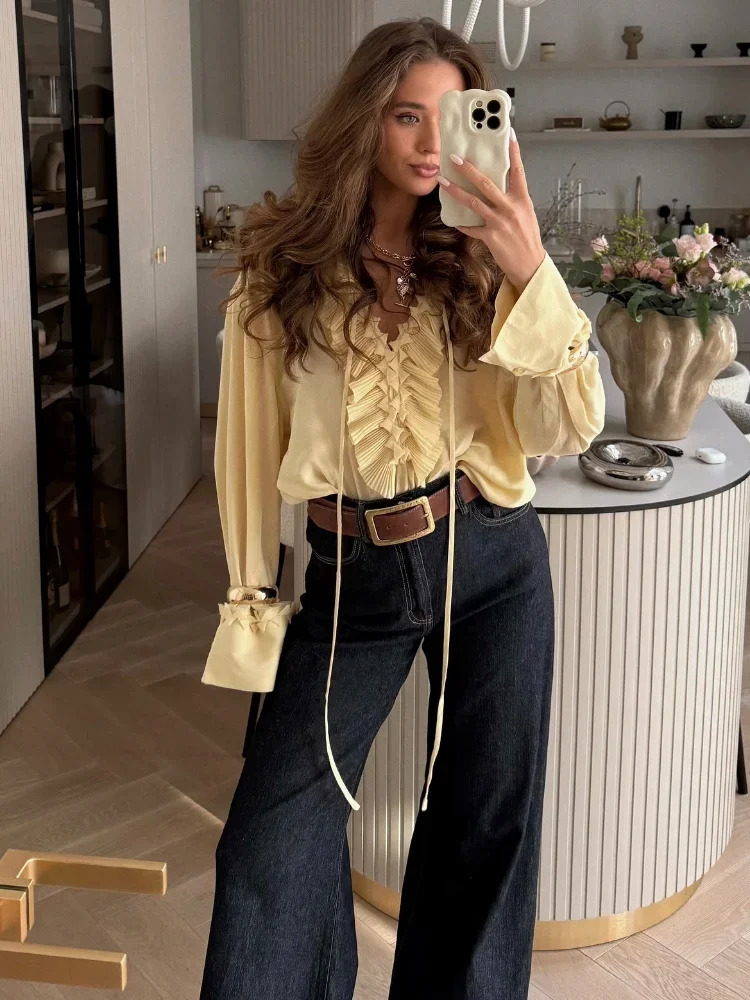 Summer Chiffon Ruffle Long Puff Shirts For Women Elegant Oversize V-neck Blouse 2025 Summer Holiday Chic Beach Street Loose Tops 250605