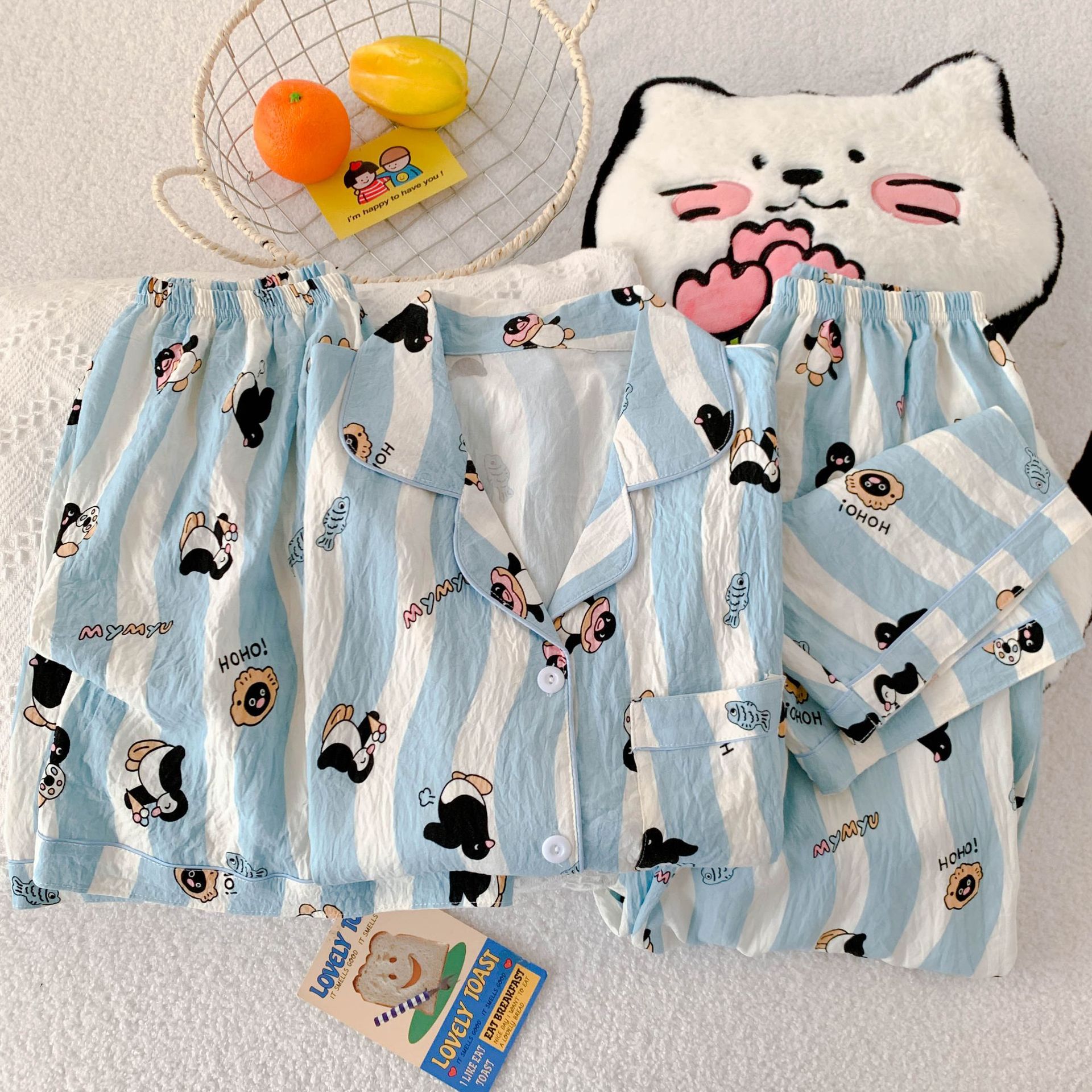 B915-Summer new cloud cotton three-piece suit cartoon lapel short-sleeved shorts trousers home clothes women's pajamas suit