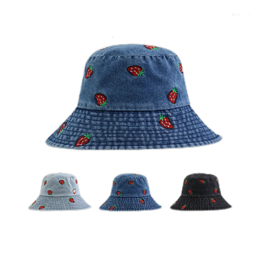 Spring Summer Strawberry Embroidery Denim Jeans Bucket Hat Legent Fisherman Hats for Women Foldable Sport Sun Beach Panama Caps 250605