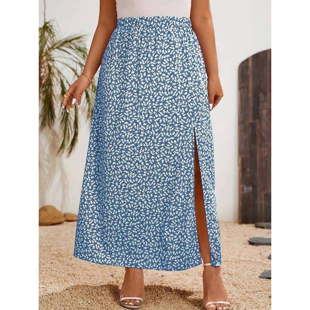 GIBSIE Plus Size Ditsy Floral Split Long Skirts Women Summer Holiday Style High Waist Print Boho A-Line Skirt Female Bottoms