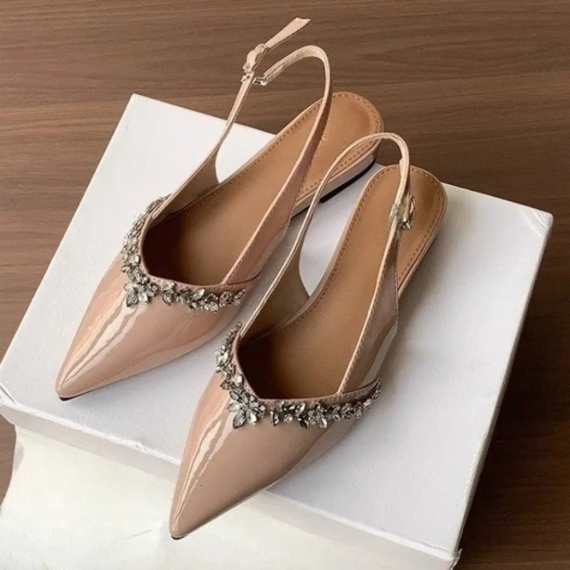 Patent Leather Pointed Toe Rhinestone Baotou Sandals Womens Soft Sole Shallow Mouth Back Empty Single Shoes 250605