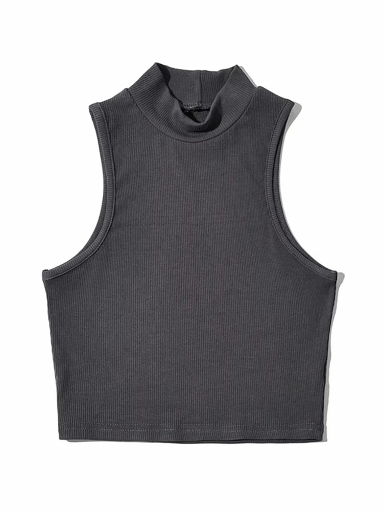 Summer Black Women Fashion Crop Top High Neck White Sleeveless Tank Tops 5 Colors 250527