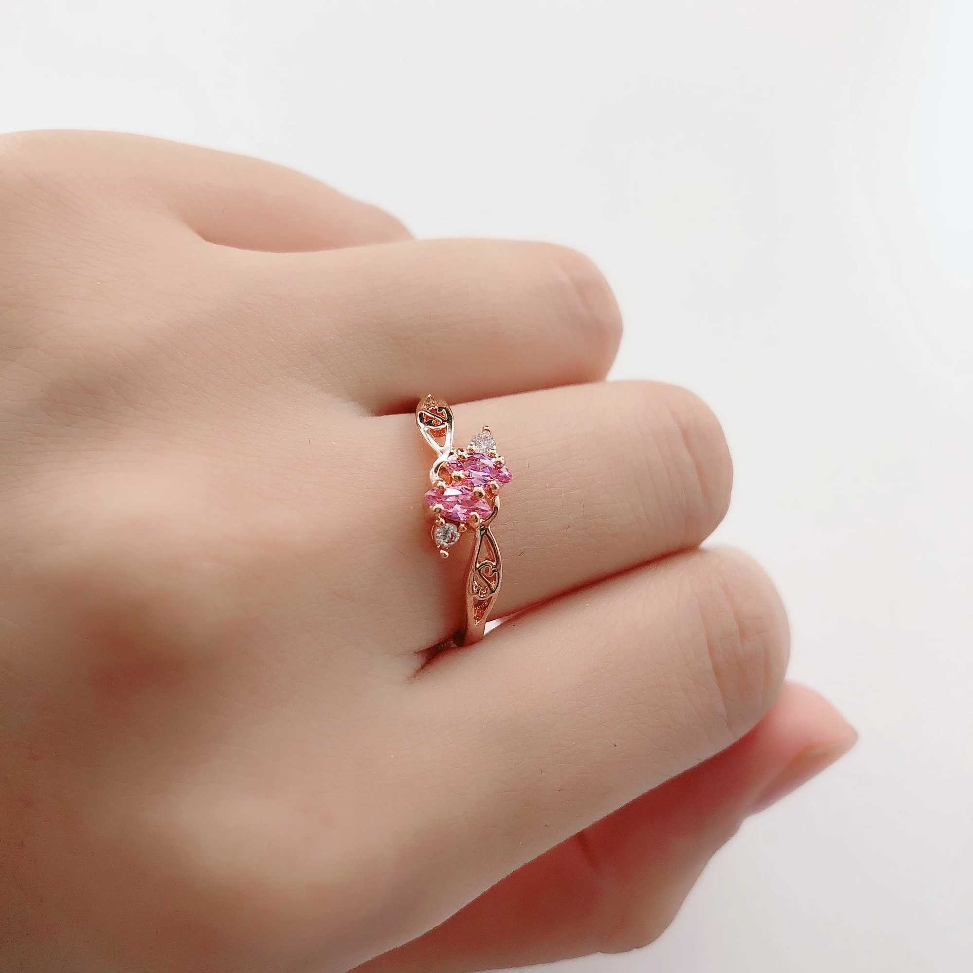 Delicate Pink Crystal Dainty Rings for Women Hollow Out Rose Gold Color CZ Princess Promise Dating Ring Fashion Jewelry R671 W250606
