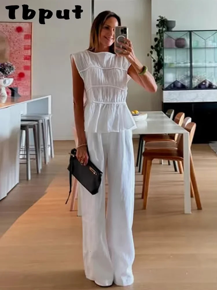 Casual Womens Trouser Suits Fold Top Sleeveless O-Neck Wide Leg Pants Solid 2025 Spring Summer Elegant 2 Pieces Set Women 250605