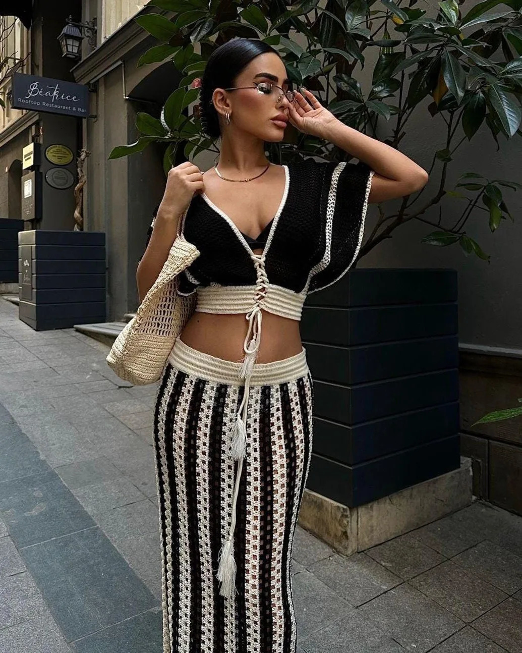 2025 Summer Vacation Outfits Striped Knitted Dress Sets Hollow Out Long Skirts With V-Neck Short Sleeve Crop Tops for Women 250605