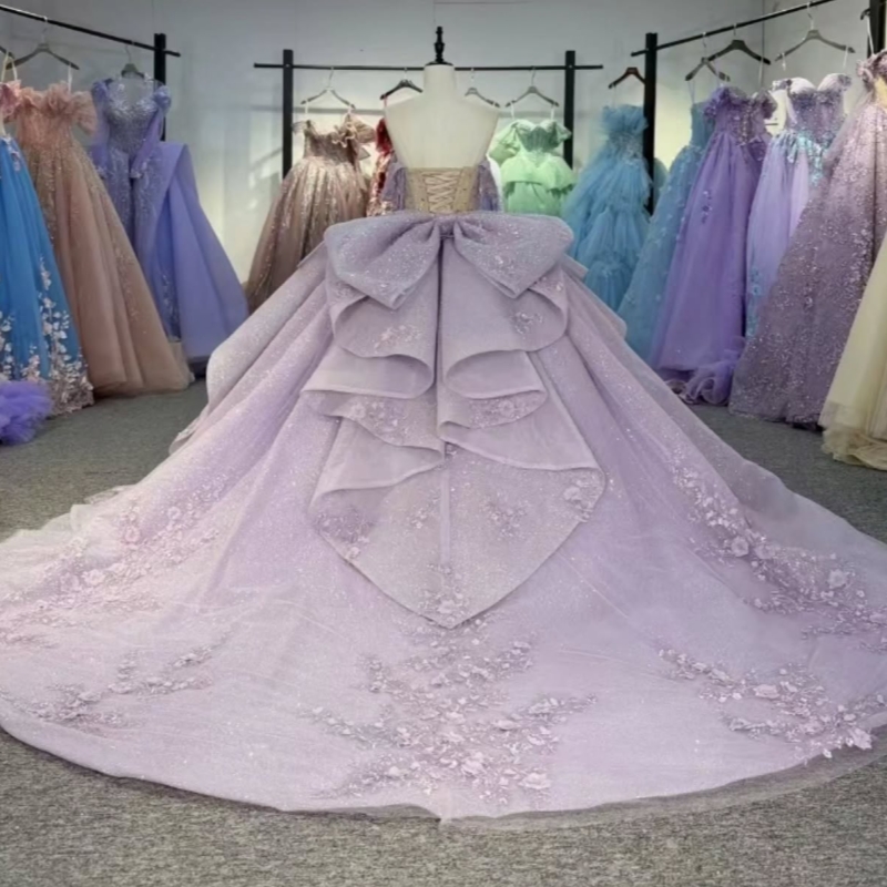 Lilac Shiny Off The Shoulder Ball Gown Quinceanera Dresses Appliques Lace Beading Bow Tull Sweet 16 Dress vestidos 15 Anos