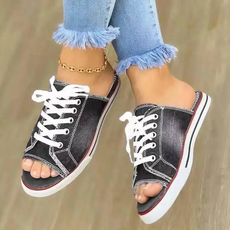 Ddmyoutdoor Ladies Slippers Canvas Lace Up Open Toed New Flat Bottom Casual Women Fashion Denim Beach Shoes outdoor shoes
