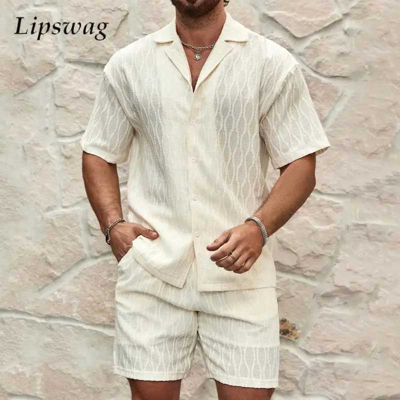Daily Casual Mens Jacquard Two Piece Suits Summer Fashion Geometric Texture Outfits For Men Vintage Lapel Shirt And Shorts Sets W250609