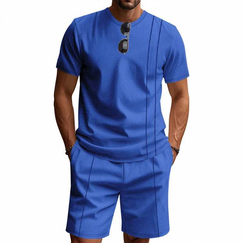 Summer American Waffle Round-Neck Mens Suit 2025 Loose Ins Style Simple Short Sleeve Top And Shorts Set for Casual Wear W250609
