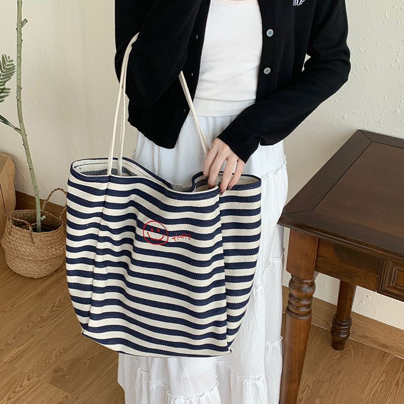 designer Striped Canvas Bag for Women 2025 New Trend Korean Casual Tote Bag Student Large Capacity Shopping Bag