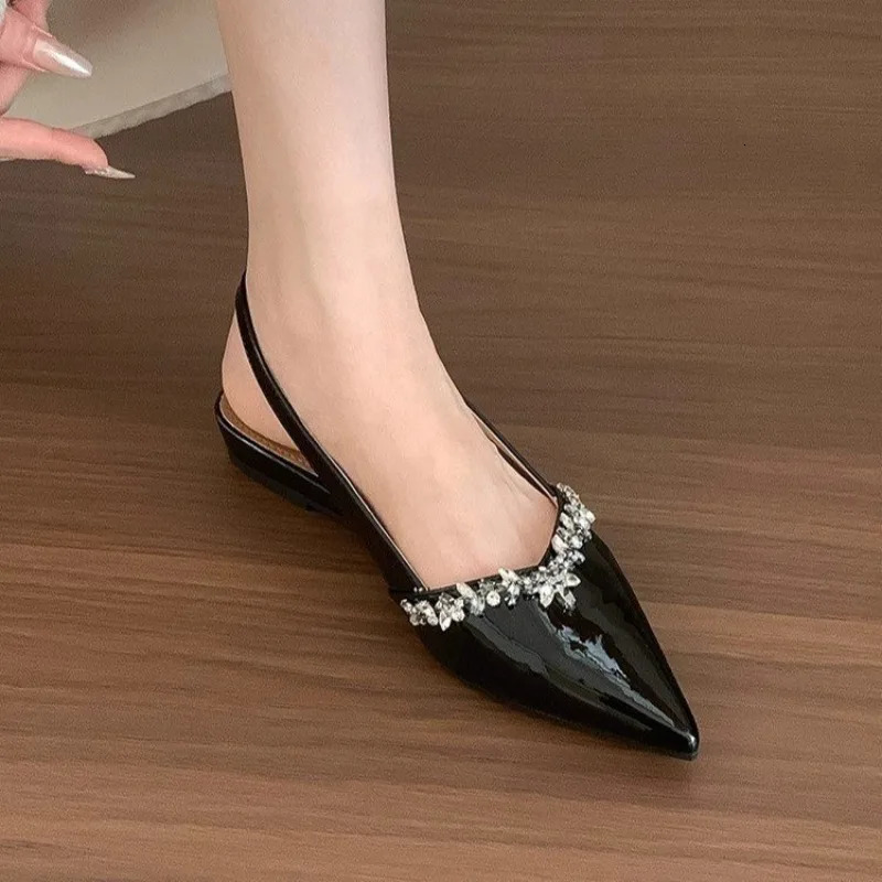 Patent Leather Pointed Toe Rhinestone Baotou Sandals Womens Soft Sole Shallow Mouth Back Empty Single Shoes 250605