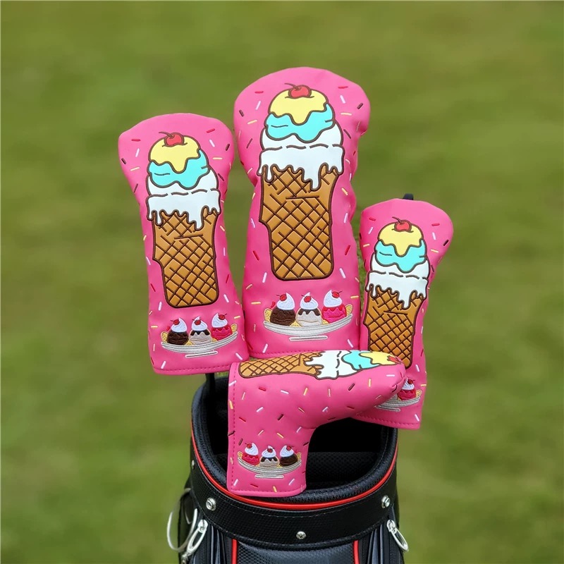 Golf Club Headcovers Wood Head covers Ice cream Design Driver Fairway Hybrid Woods Headcover Red PU Premium Leather Head