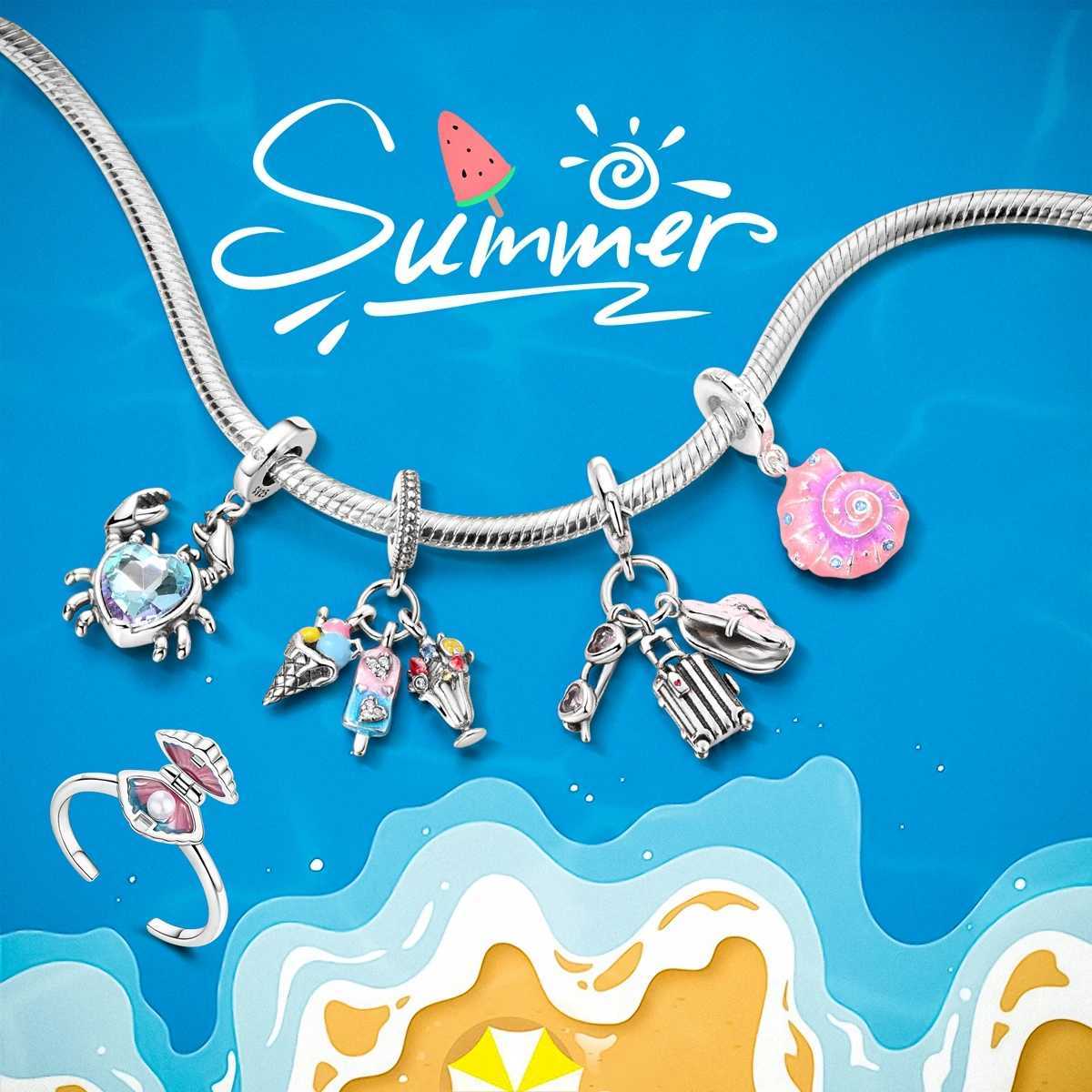 New Summer 925 Sterling Silver Charms Beads Pendants Ocean Turtle Beach Fruit Shell Blue Charm DIY Women Bracelet Jewelry Gift XJ250607