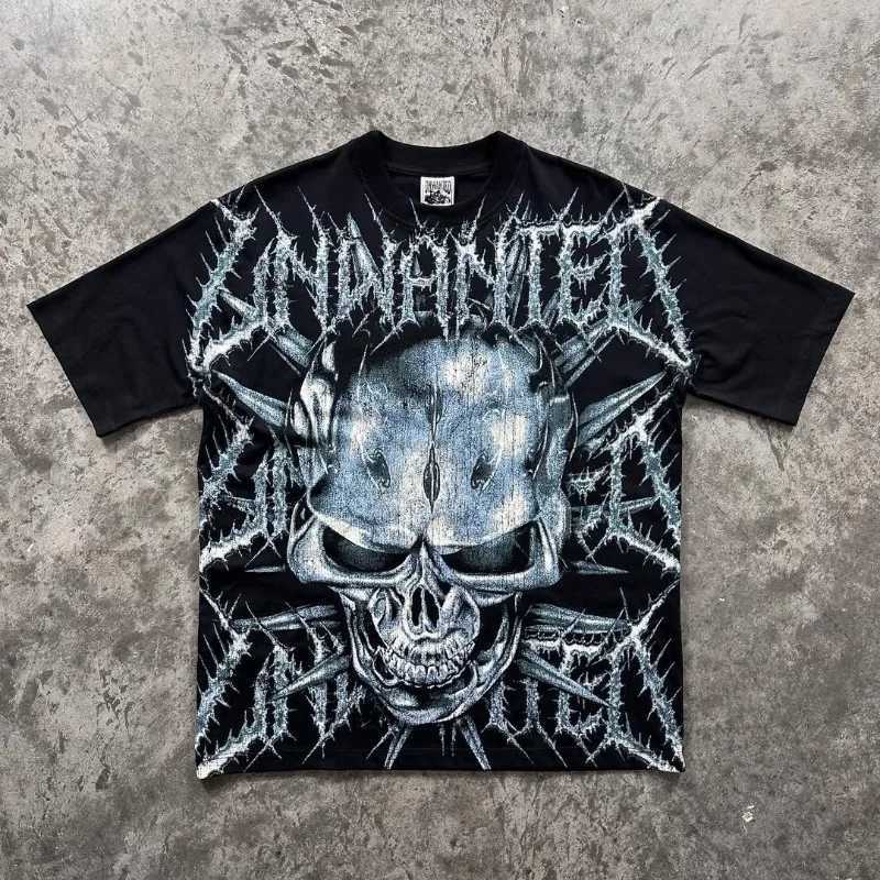 Punk Street Harajuku Clothing Dark Skull Casual Oversized Short Sleeves Fashionable American Hip-hop Pure Cotton T-shirt Men W250607