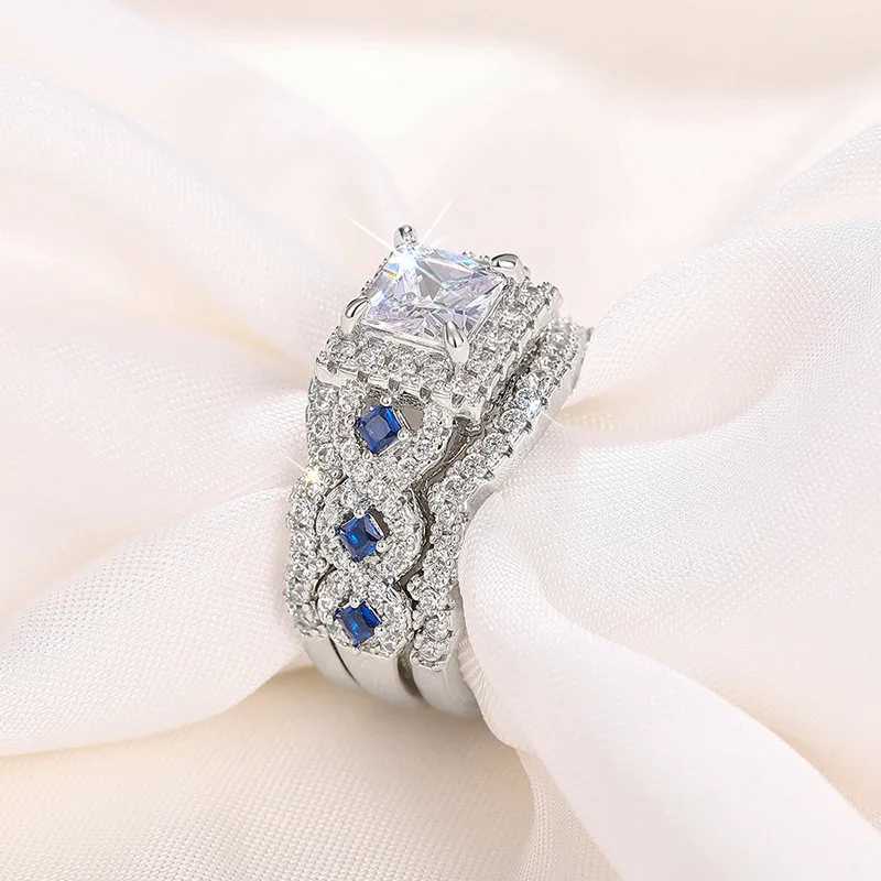 3Pcs/Set 925 Sterling Silver Rings Princess Cut Blue CZ Luxury Wedding Engagement Party Jewelry Set for Women Fashion Accessory XJ250606