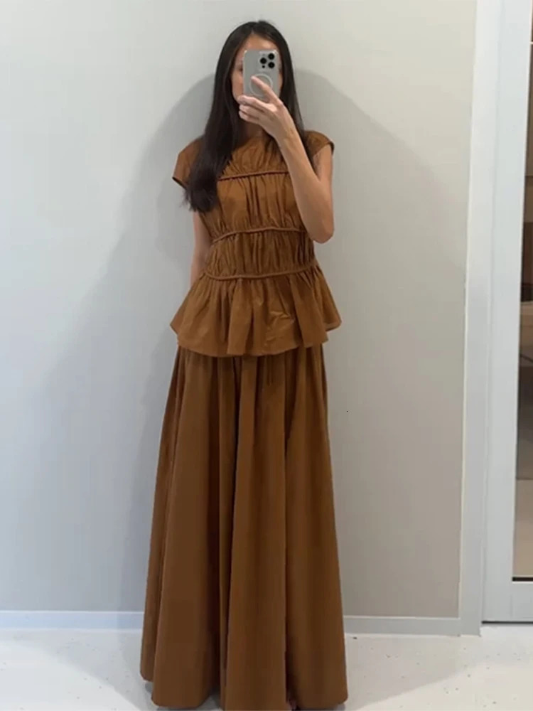 Casual Womens Trouser Suits Fold Top Sleeveless O-Neck Wide Leg Pants Solid 2025 Spring Summer Elegant 2 Pieces Set Women 250605