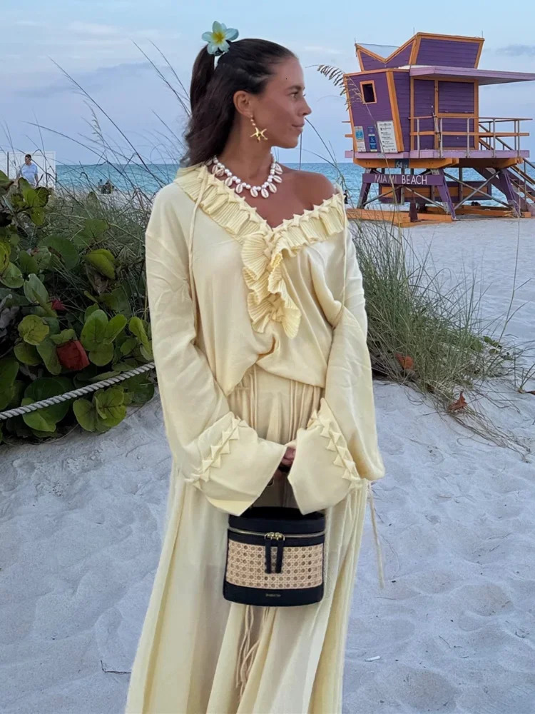 Summer Chiffon Ruffle Long Puff Shirts For Women Elegant Oversize V-neck Blouse 2025 Summer Holiday Chic Beach Street Loose Tops 250605