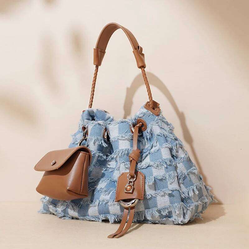 Summer New Women's Genuine Leather Handbags Fashion Blue Denim Plaid Design Drawstring Tote Shoulder Bag With Small Purse