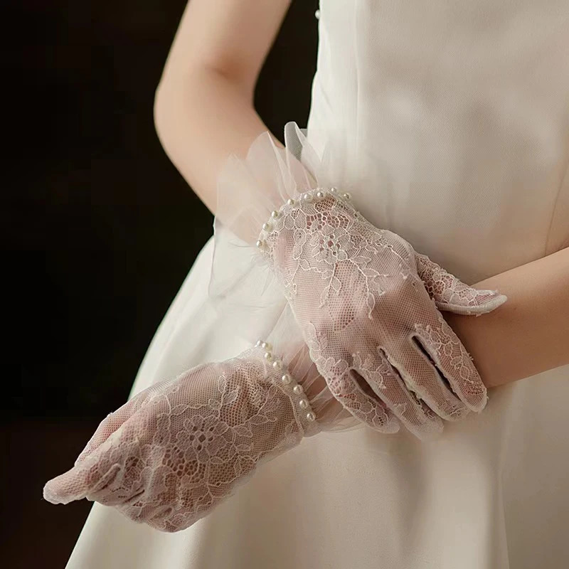 Korean Style Sexy Transparent White Lace Pearl Mesh Tulle Glove Women Bride Wedding Dress Delicate Short Glove Party Accessory 250603