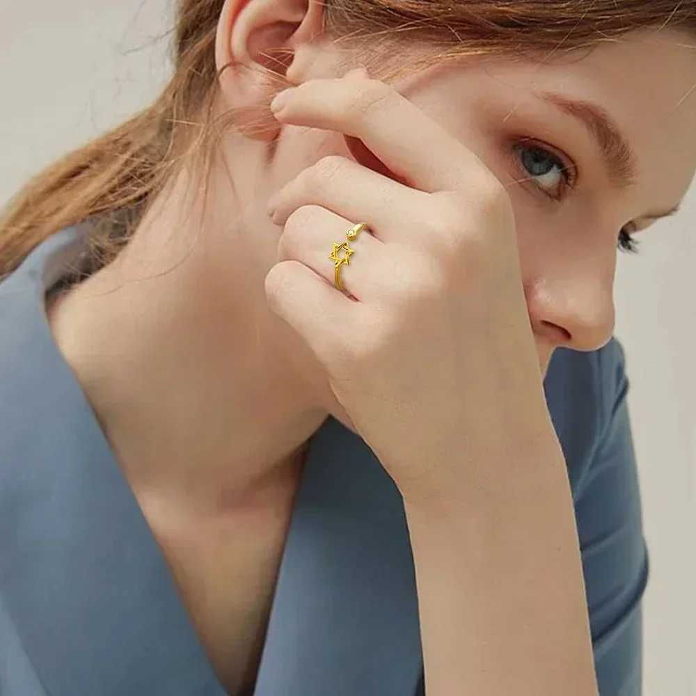 YILUOCD Hollow Hexagon Zircon Ring for Women Magen Star of David Adjustable Rings Promise Jewelry Gift XJ250606