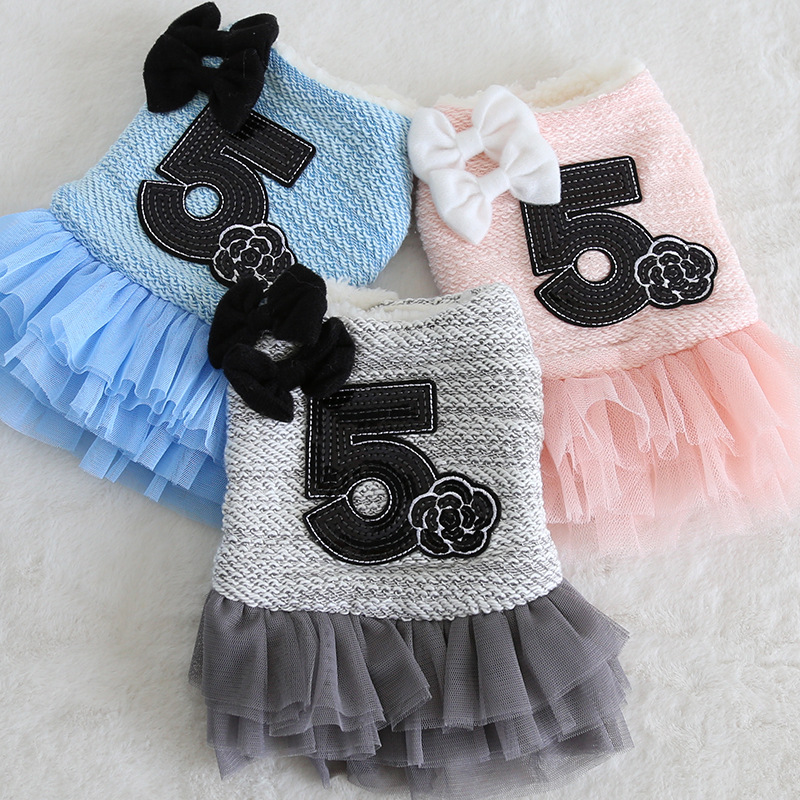 Fashion Dog Dresses for Small Dogs Girl with Sparkling Camellia and Number 5, Double Bow Decor, Luxury Dog Wedding Dress with Multi-Layer Princess Tut