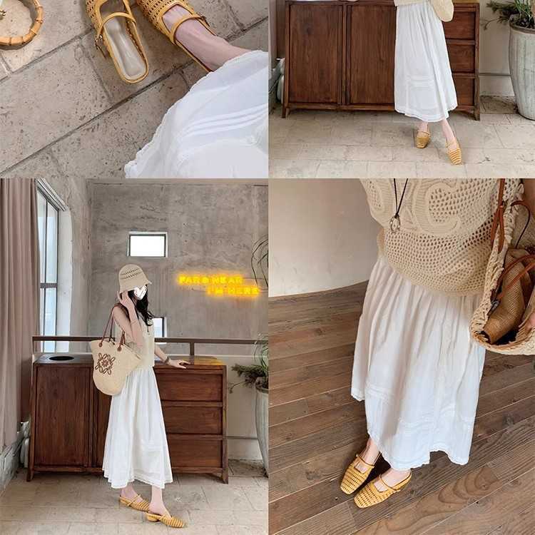Stepping Clouds Square Toe Woven Chunky Heel Closed Toe Mary Jane Slippers For Women Outdoor Strap Genuine Leather Hollow Out Clogs