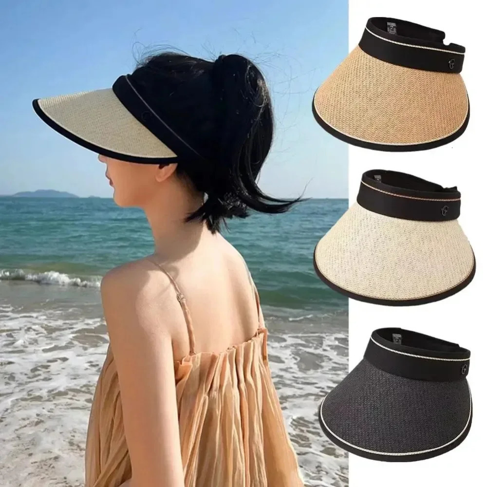 2025 Summer Empty Top Sun Hat Anti Uv Female Outdoor Visor Cap Casual Foldable Straw Shade Hat Wide Large Brim Beach Sunhat 250603