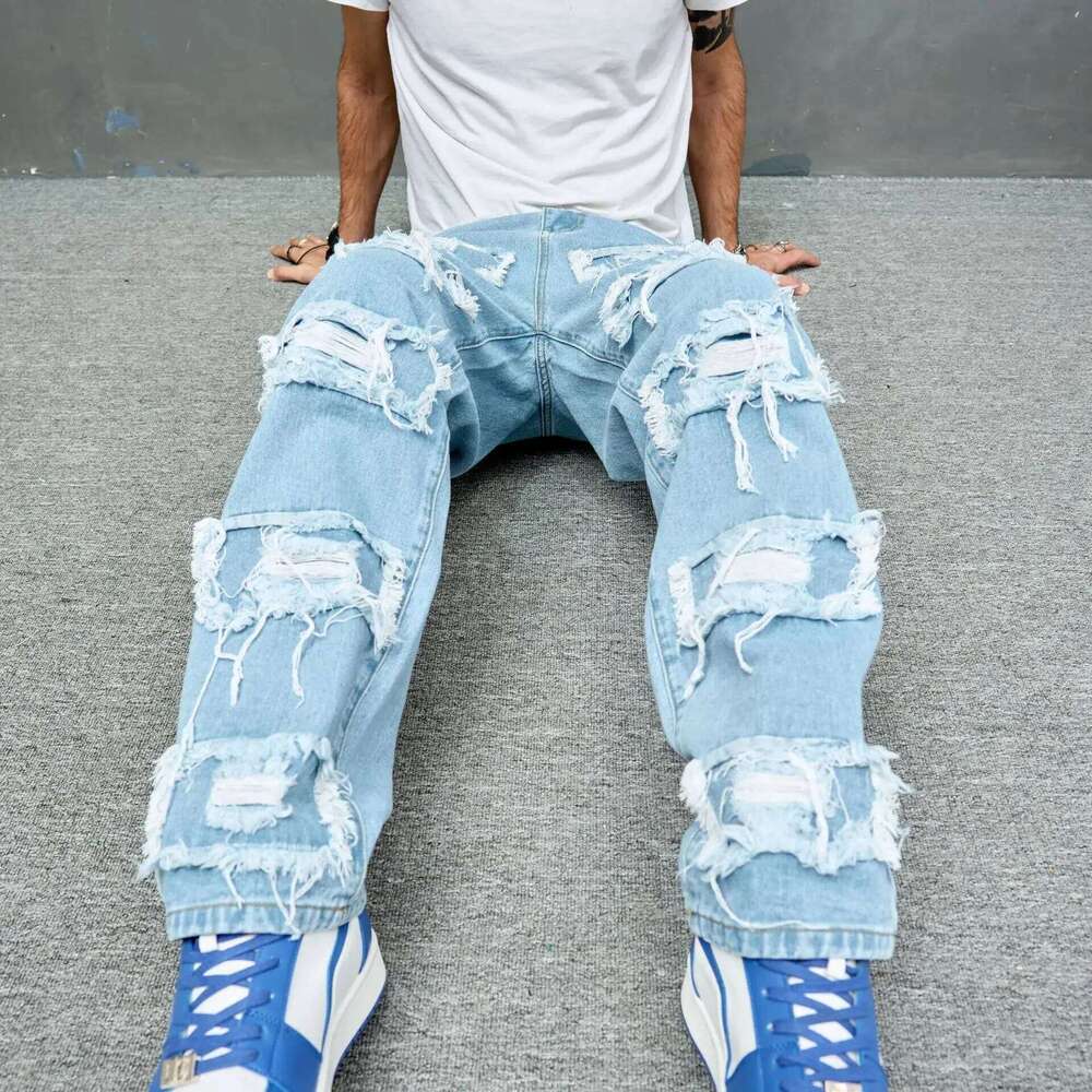 European and American Fashion Youth High Street Brand Bionic Jeans, Trendy Solid Color Slim-Fit Ripped Stretch Jeans