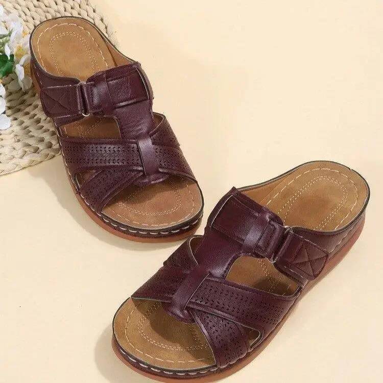 Ddmyoutdoor Women Wedge Premium Orthopedic Open Toe Sandals Vintage Anti Slip Leather Casual Female Platform Retro Shoes Outdoor Shoes