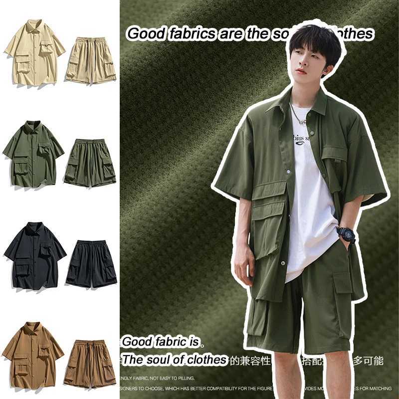Summer Mens Shirt Set Casual Suit Cargo Short Sleeved Shirts Shorts Male Breathable Loose High Street Multiple Pockets 5XL W250609