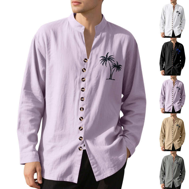 2025 mens button up shirt polo shirt Coconut Tree Casual Print Retro Stand Collar Long-Sleeve Button Men's Shirt EU Sizes: S-3XL