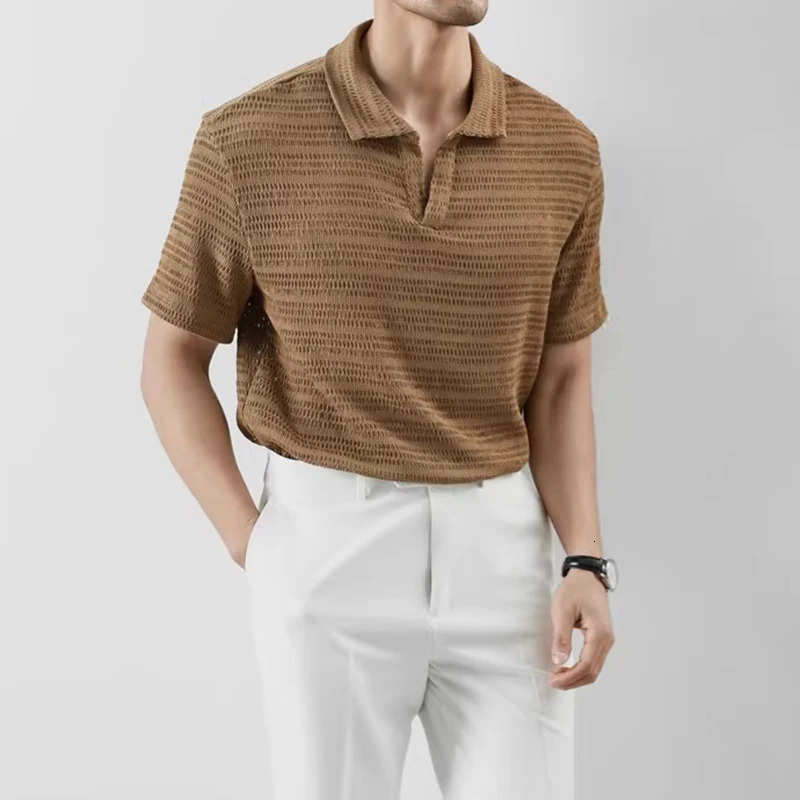 Stylish Mens Short Sleeve Polo Shirts Knit Hollow Out Breathable Polo Neck Tops Men Summer Casual Solid Color Knitted Polos 250605