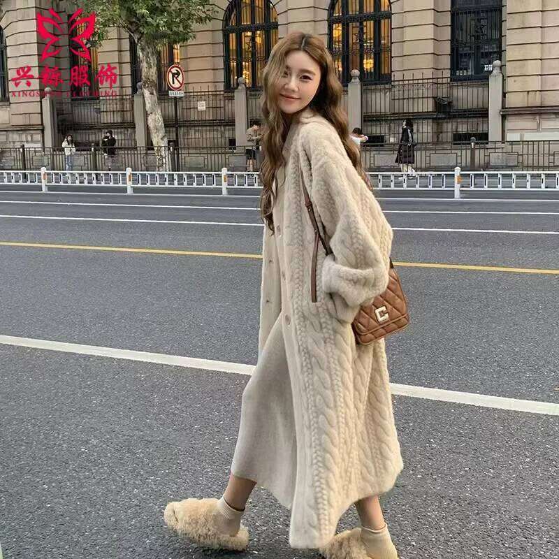 Women Cardigan Thickened Long2025Spring And Autumn V-neck Jacket Female Loose Simple Leisure With Buttons Faux Fur Mink Coat