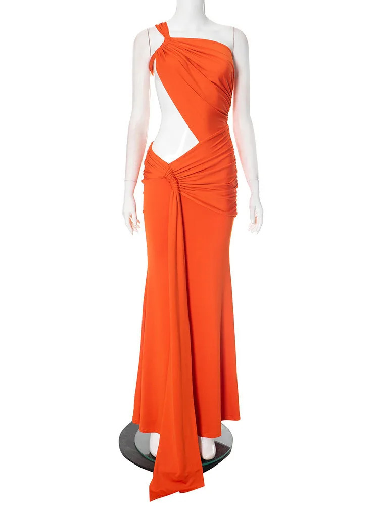 Mozision Irregular Ruched Sexy Maxi Dress For Women Gown Hollow Out One Shoulder Sleevelessdraped Bodycon Club Party Long Dress 250605