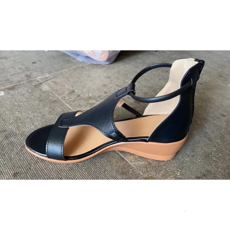 Summer WomenS Vintage Open Toe Sandals Ladies Wedges Sandals PU Leather Mid Heel Beach Shoes Female Plus Size 43 250605