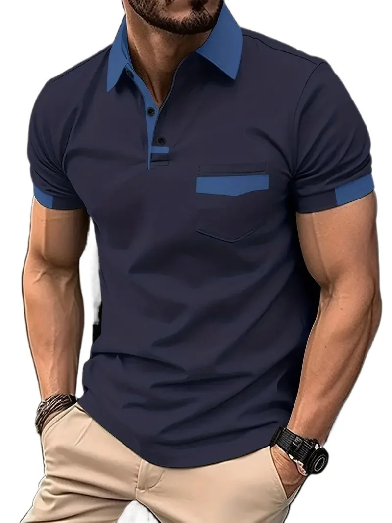Summer Mens Short Sleeve T Shirts Solid Color Polo Shirt Breathable Loose Basic Shirts for Men Lightweight Tops with Pockets 250605