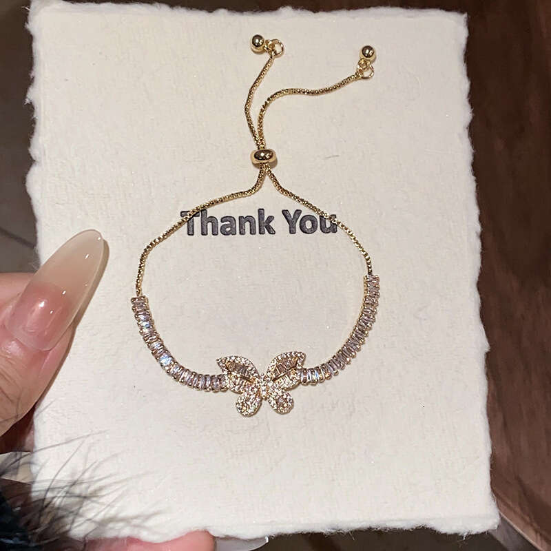 Minimalist Square Zircon Butterfly Pattern Adjustable Bracelet Korean Style Exquisite Design Wristband Commuting Internet Celebrity Jewelry for Women