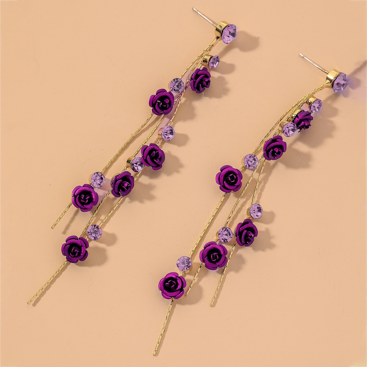 Bohemian Purple Rose Rhinestone Tassel Drop Earrings Hypoallergenic Silver Post Elegant Long Earrings for Women