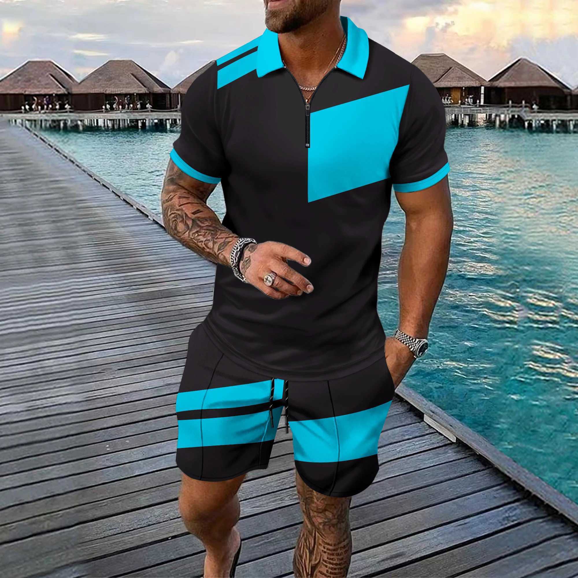 Summer Fashion 2 Piece Mens POLO Shirt+ Shorts Set Casual Splicing Printed Sportswear Street Outdoor Street Trend Men Clothing W250609