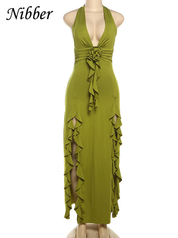 Nibber Appliques Tassel Dress Women Y2K Halter Backless Split Sexy Ruched Elegant Summer Back Ruched Beach Holiday Maxi Bodycon 250605