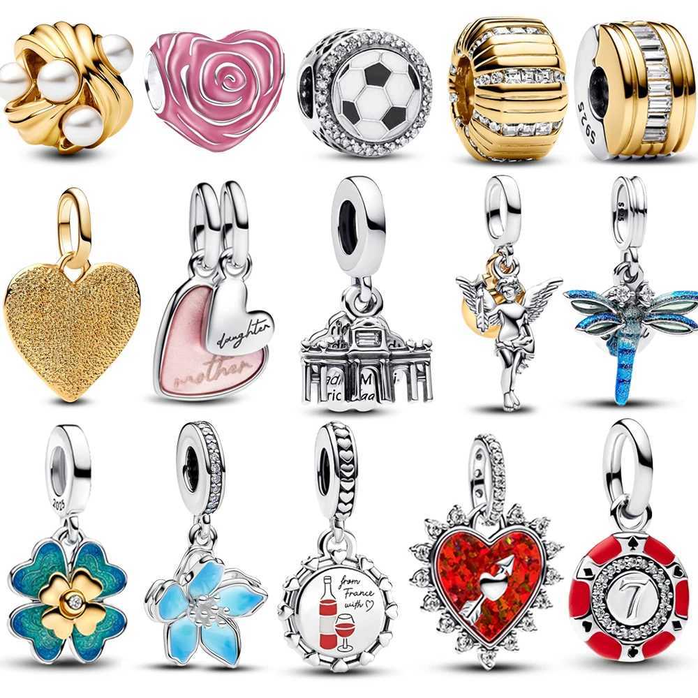 New S925 Sterling Silver Football Beads Two Tone Stone Charm Fit Original Bracelet DIY Jewelry Accessories XJ250607