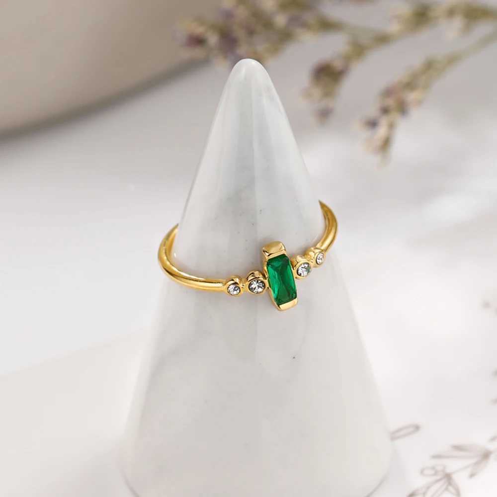 WILD FREE Green Zircon Crystal Stainless Steel Rings for Women Simple Charm PVD Gold Plated Waterproof Jewelry W250606