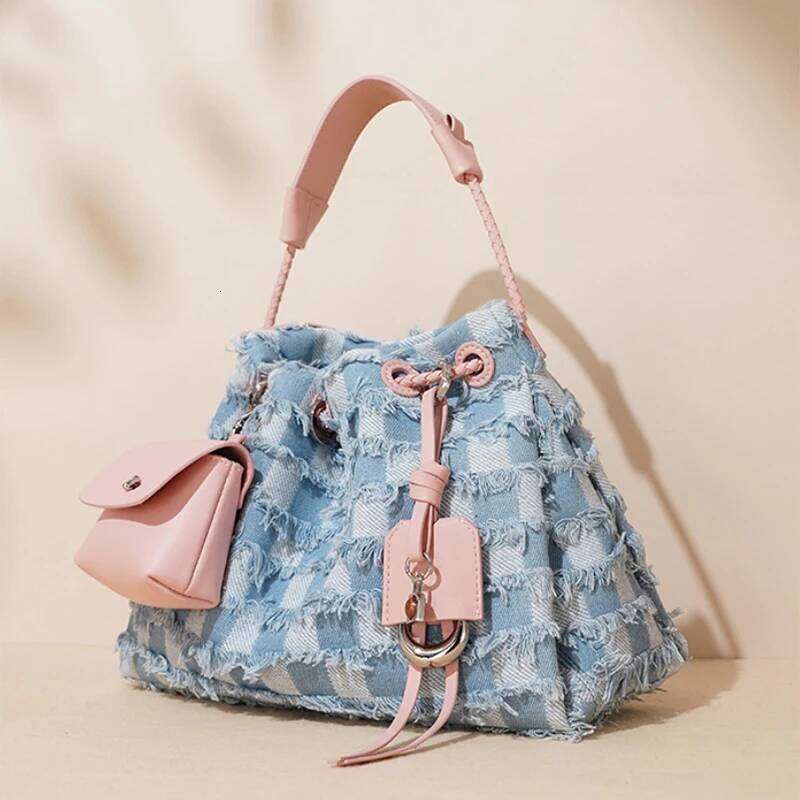 Summer New Women's Genuine Leather Handbags Fashion Blue Denim Plaid Design Drawstring Tote Shoulder Bag With Small Purse
