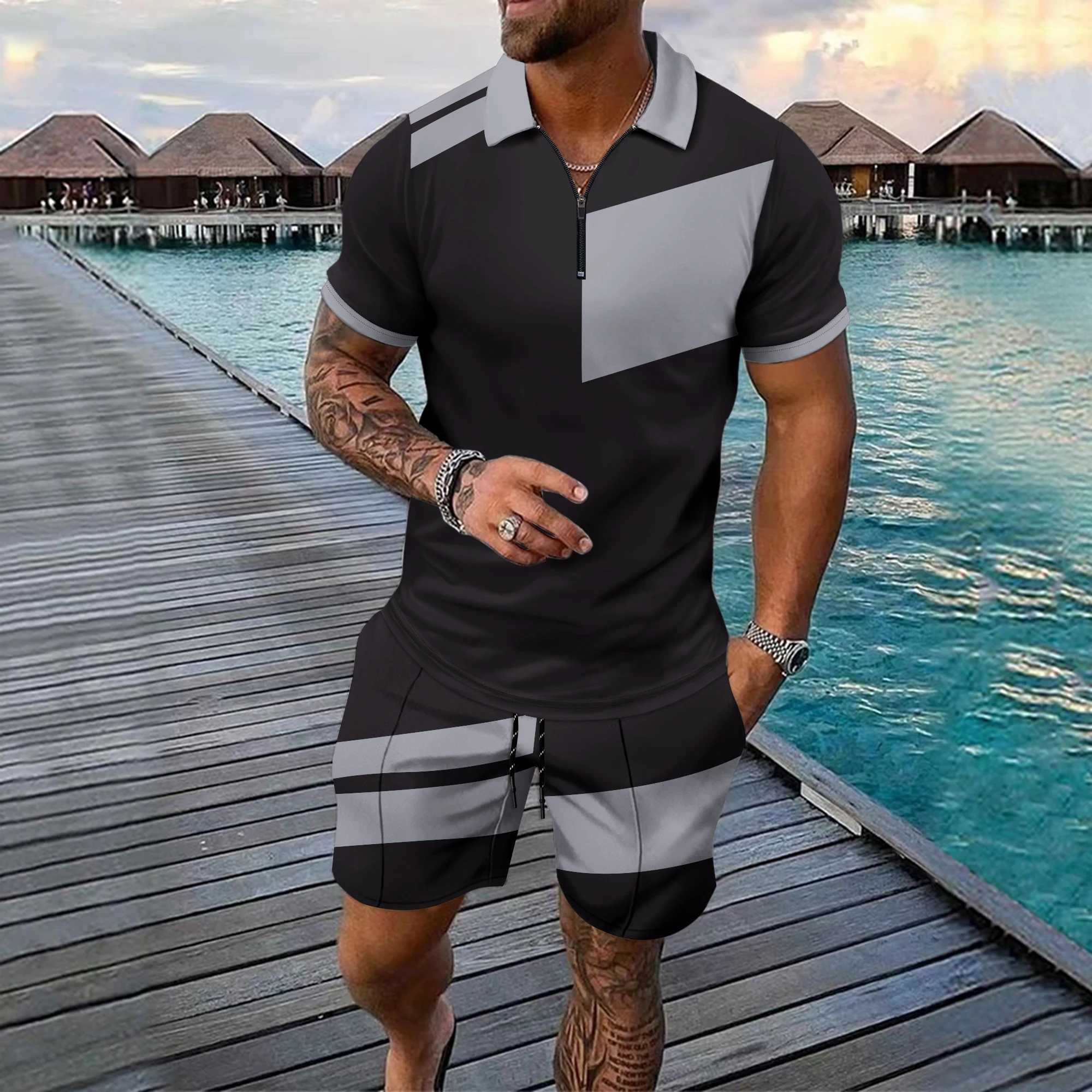 Summer Fashion 2 Piece Mens POLO Shirt+ Shorts Set Casual Splicing Printed Sportswear Street Outdoor Street Trend Men Clothing W250609