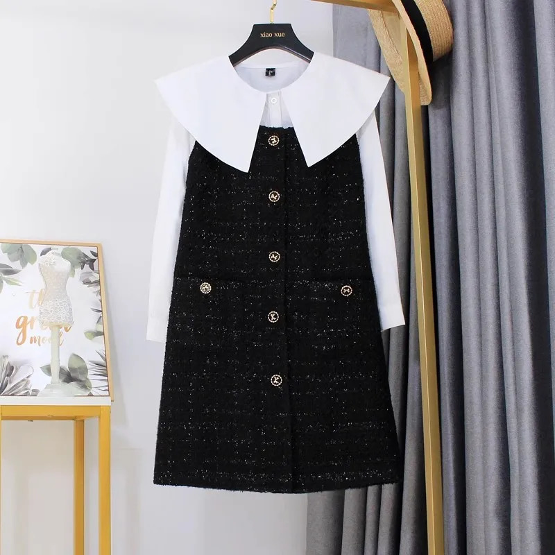 Womens Autumn Winter 5XL Black High Quality Tweed Fragrant Sleeveless Tank Top Dress Party Vestidos 250603