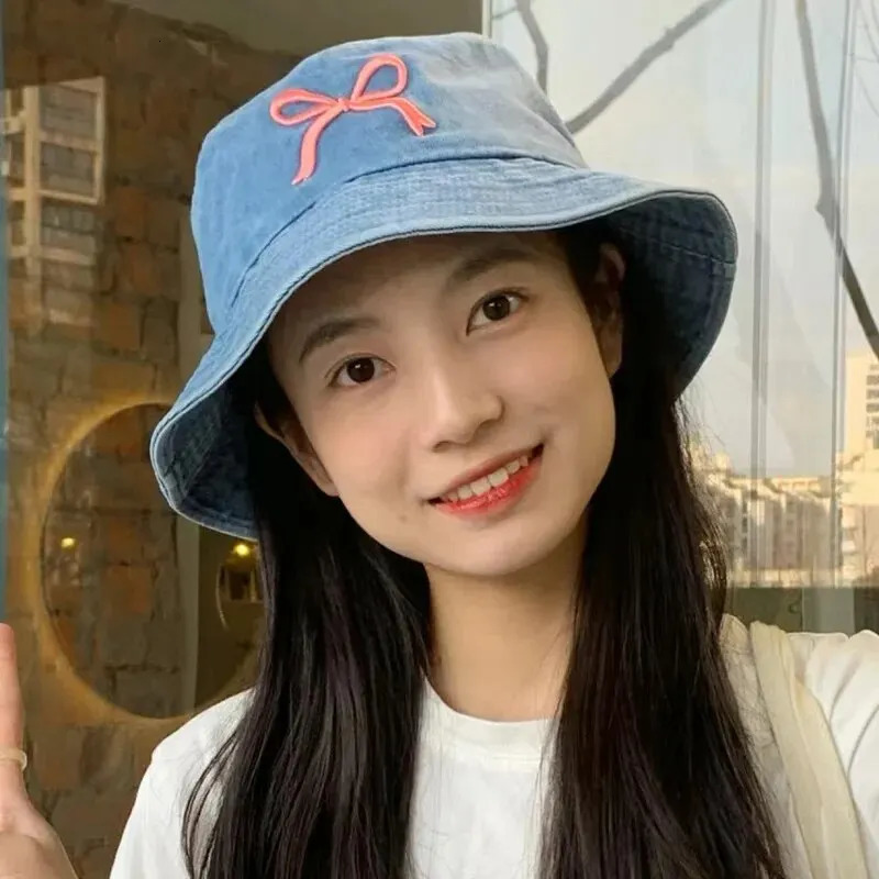 A Fishermans Hat Three-Dimensional Embroidery Bow Travel Shopping Washed Denim Basin Hat 250605