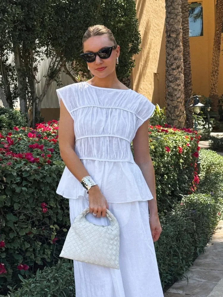 Casual Womens Trouser Suits Fold Top Sleeveless O-Neck Wide Leg Pants Solid 2025 Spring Summer Elegant 2 Pieces Set Women 250605