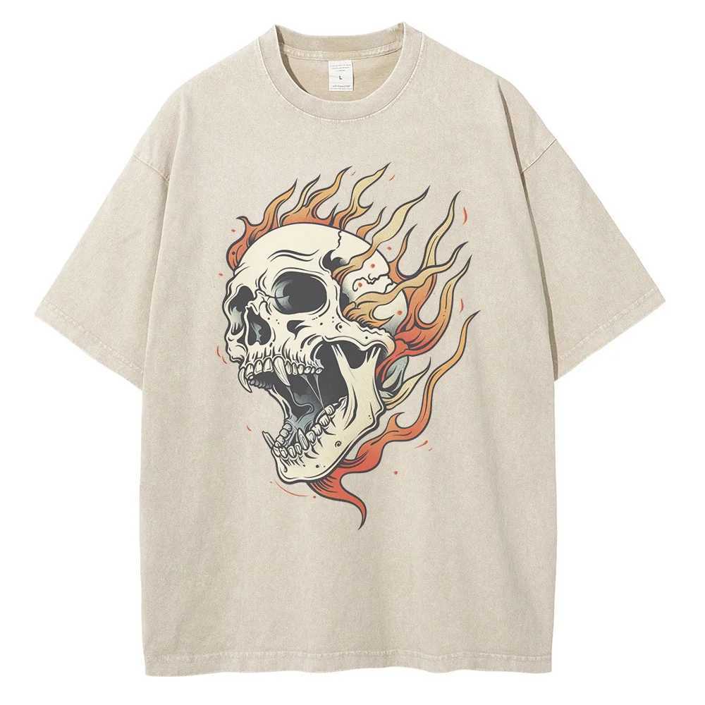 Flame Skull Graphic T Shirts Heavyweight Pure Cotton Distressed Washed T Shirt Drop Shoulder Retro Oversized Mens Tops W250607