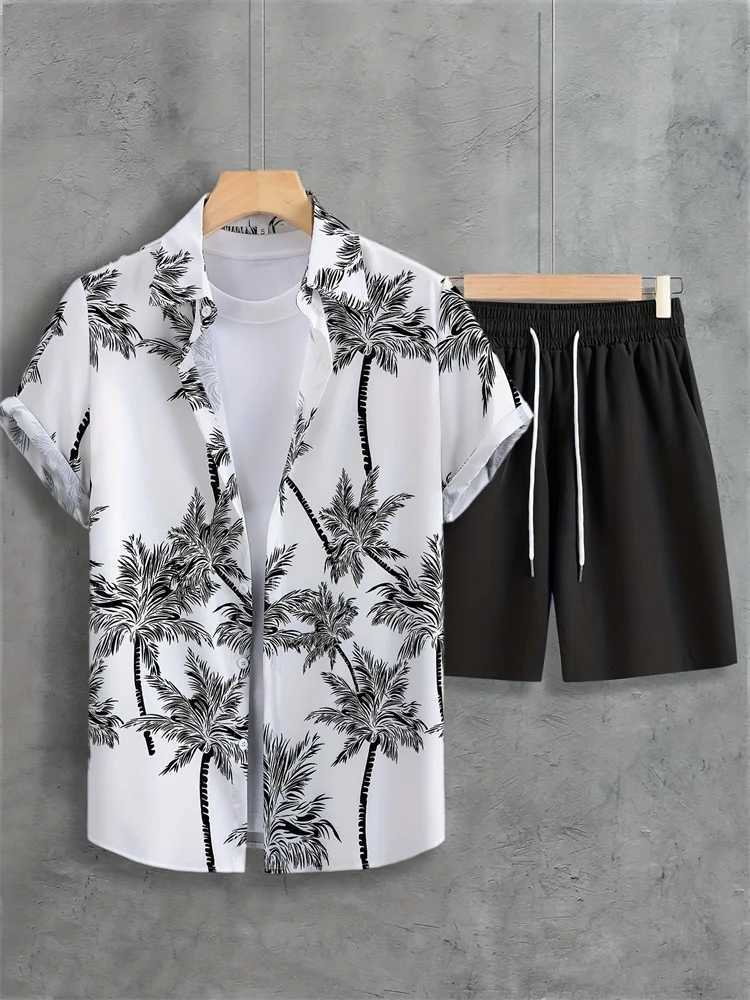 2025 Summer Mens Short-sleeved Shirt Set With Palm Tree Print Hawaiian Beach Vacation Style Mens Shirt Set W250609