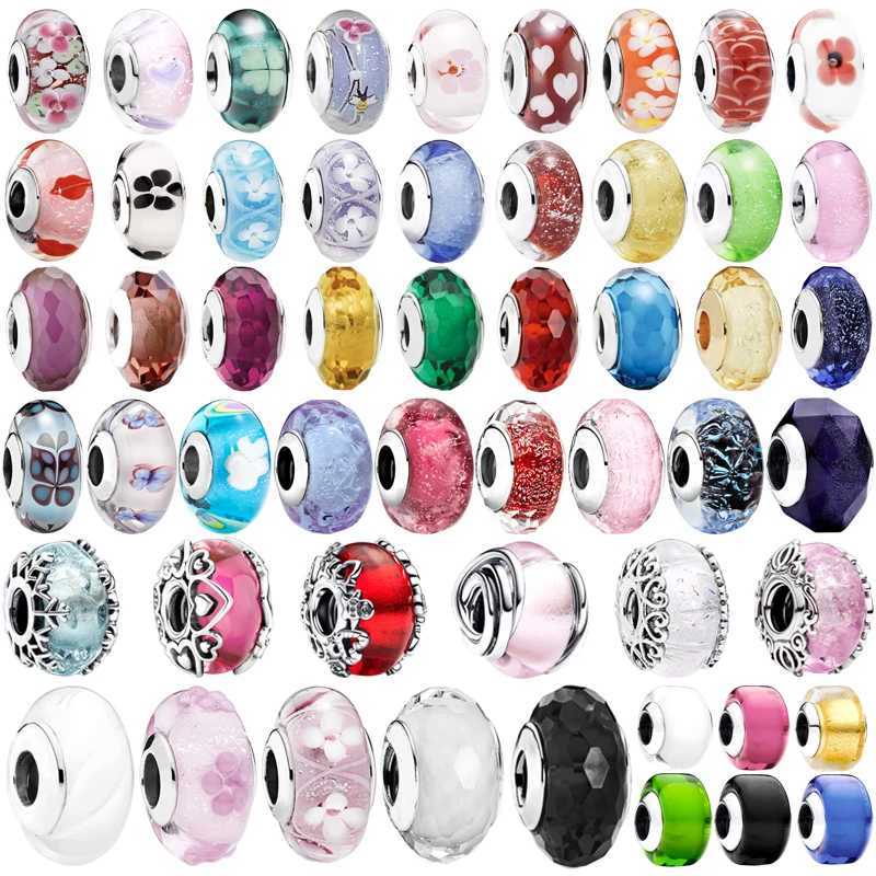 Pink Blue Black Red Green Flower Heart Murano Glass Charm Beads Fit Original European 925 Silver Bracelet DIY Jewelry Women Gift XJ250607